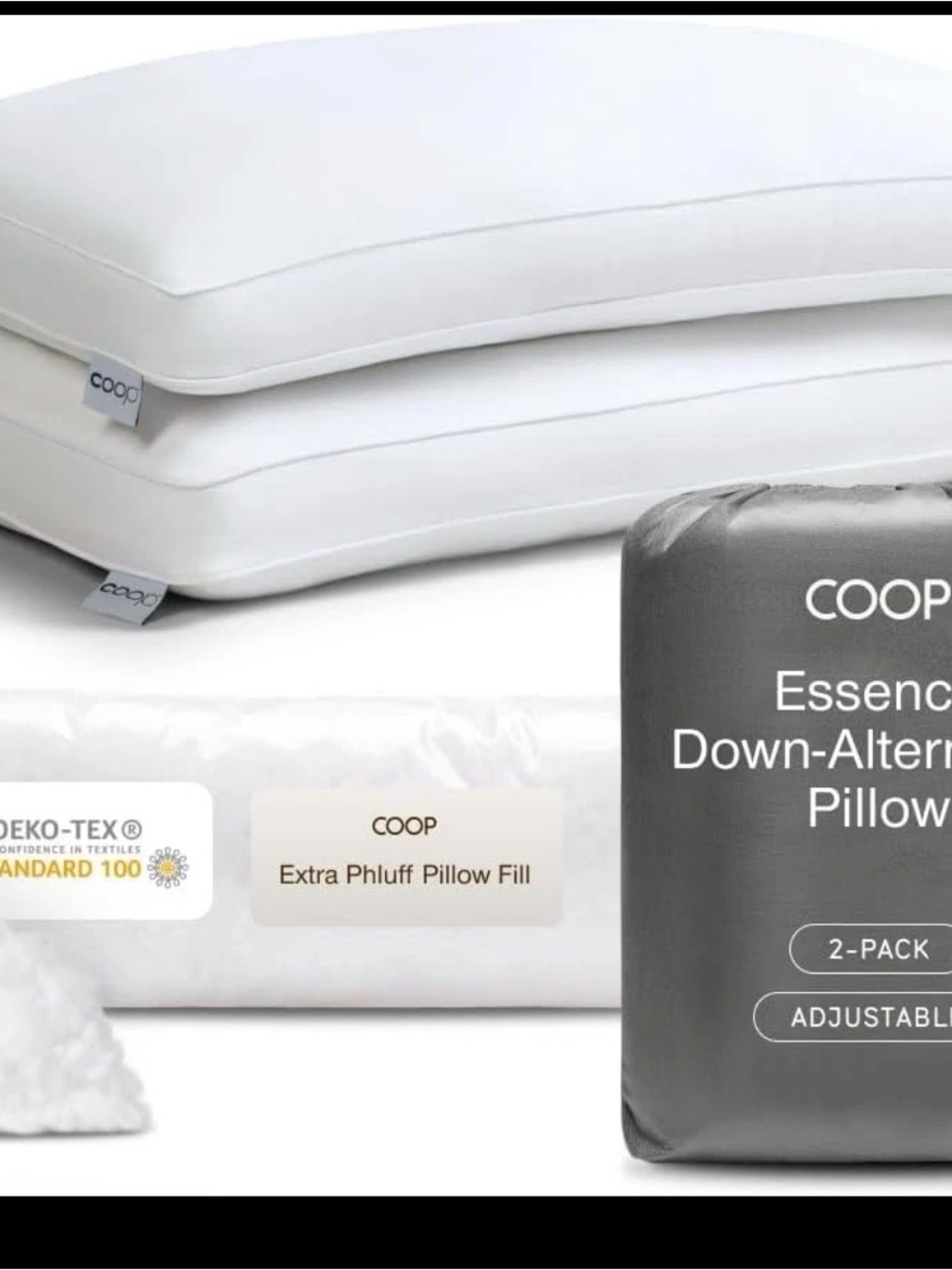 Coop “The Essence” KING 2 Pack Adjustable Down Alternative Pillows 17x33